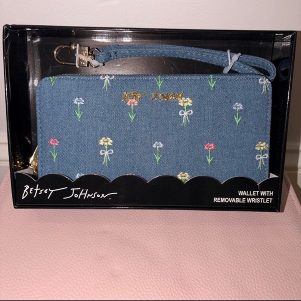 Betsey Johnson Denim Blue Floral Wristlet